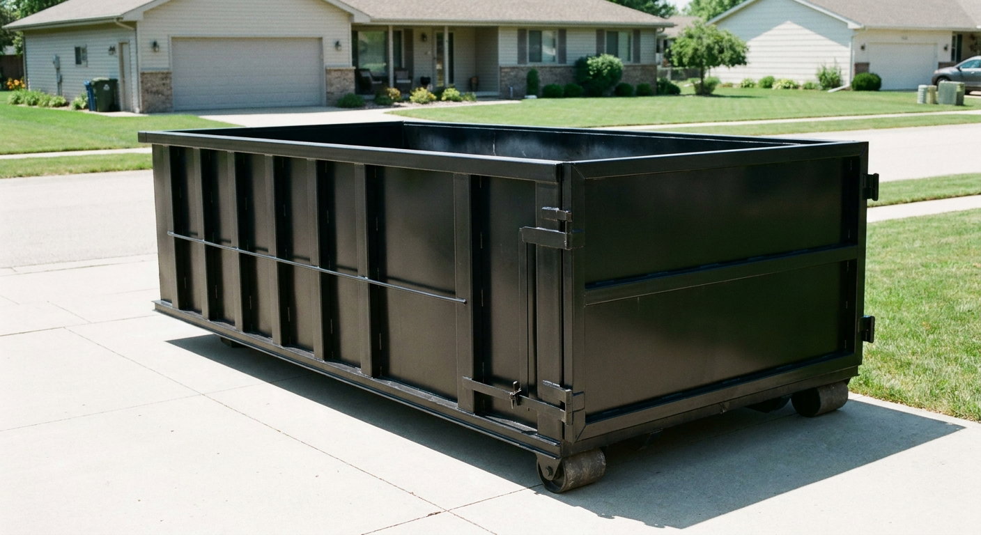 Matte-black 10-yard roll-off dumpster on a residential concrete driveway in Clifton, uniformly painted matte black across every panel and rail, ribbed steel sidewalls and rear swing door visible, mid-day daylight.