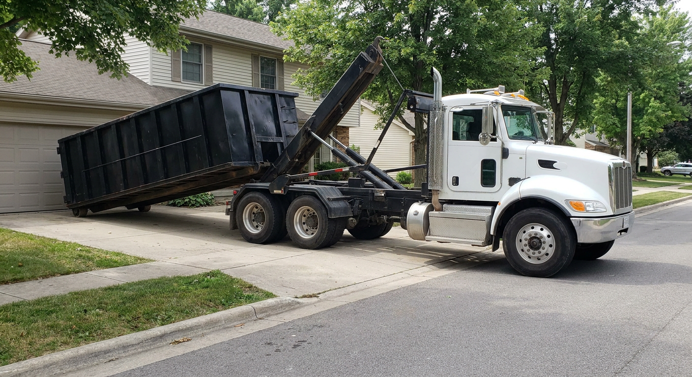 White-cab hooklift roll-off truck actively lowering a matte-black dumpster onto a Clifton residential concrete driveway, the dumpster's rear wheels touching the driveway as the hoist arm tilts the bed forward, mid-morning daylight.