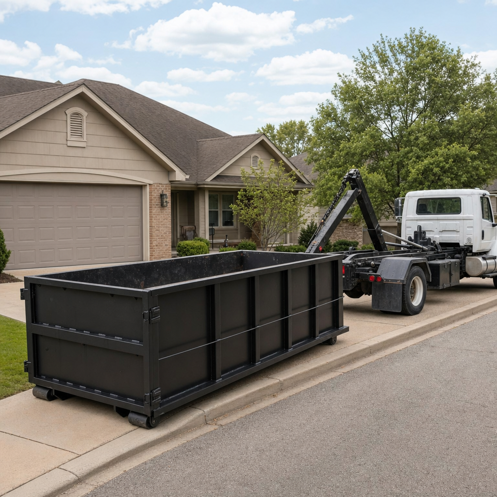 Wide documentary shot of a matte-black roll-off dumpster on a Clifton residential driveway in the foreground and a contractor jobsite container in the soft-focus background, bright daylight, calm and orderly composition.